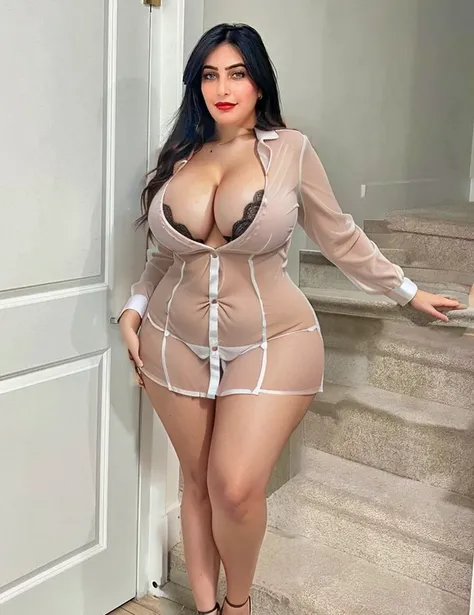 Long Button up blouse, low cut, curvy body, cleavage, 1:1 scale, see through top, sexy bra