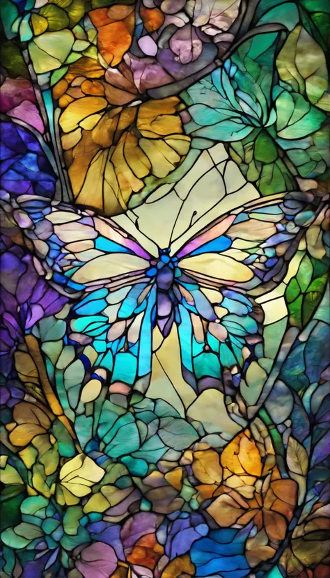 The background is greenblue,All expressed with jewels, the arrival of spring, various beautiful wisteria flowers,Swallowtail butterfly,
, angles looking up from below, various jewels falling from the sky, wonderful and beautiful superb view, slightly hazy,...