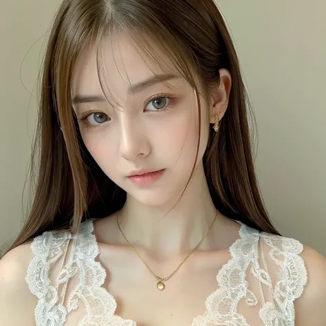 Korean girl, White skin, Straight brown long hair girl, Gold lace camisole vest， beautiful clear eyes， Blue pupils， beautiful necklace and earringedium chest tight and Medium breasts， Delicate slender face，Lovely lips