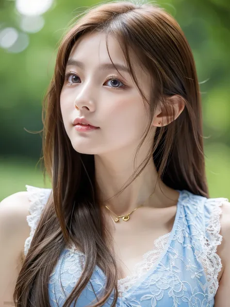 Korean girl, White skin, Straight brown long hair girl, Gold lace camisole vest， beautiful clear eyes， Blue pupils， beautiful necklace and earringedium chest tight and Medium breasts， Delicate slender face，Lovely lips