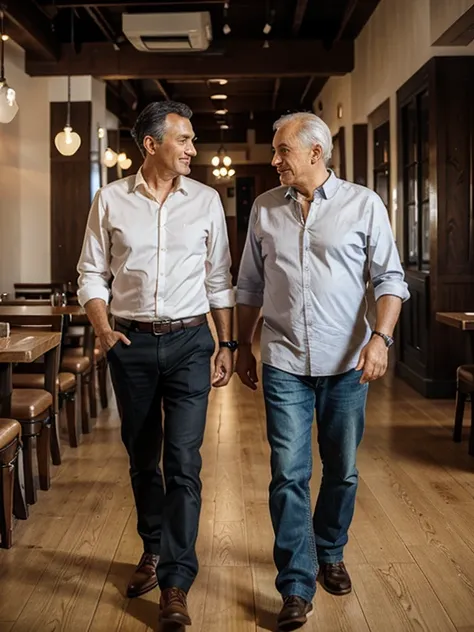 Old father and son Inside the restaurant walking