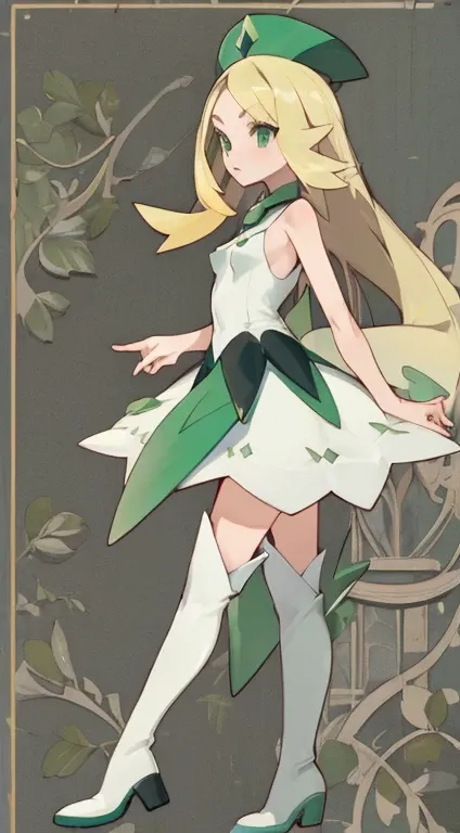 ((highest quality)), ((masterpiece)), (Familiar), Perfect Face,{Browsing Caution},Ramp up,Long blonde hair,Small breasts,Pointed nipples,Adult female,Green Eyes,Pokemon-like,White Sleeveless Dress,Knee-high boots,Green Pendant,attractive