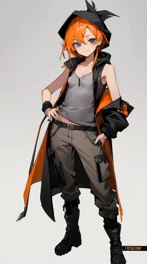 ((highest quality)), ((masterpiece)), (Familiar),,Female Clementine,overload,{{Browsing Caution}},Sleeveless hoodie,Grey Shirt,cargo pants,Captivating smile,whole body,boots,Long coat,Erect nipples,Flat Chest
