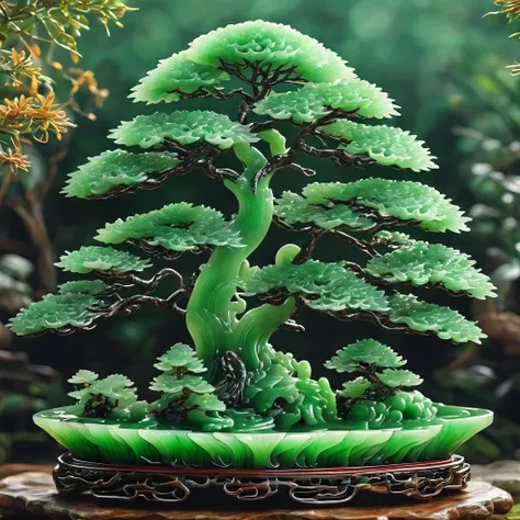 best quality, very good, 16k, ridiculous, extremely detailed, gorgeous pine tree，monk，made of translucent jadeite, background gr...