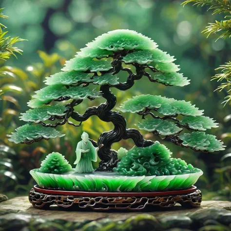 best quality, very good, 16k, ridiculous, extremely detailed, gorgeous pine tree，monk，made of translucent jadeite, background gr...