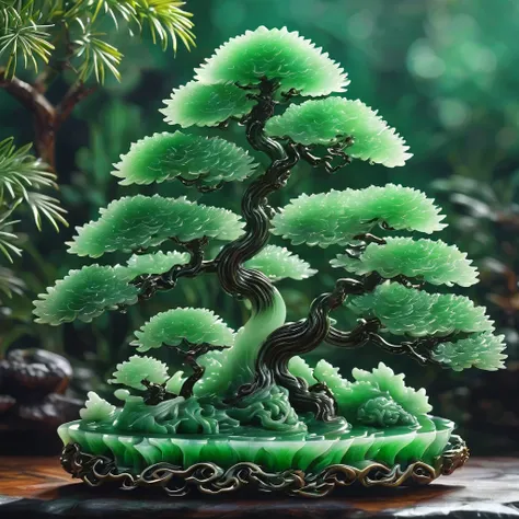 best quality, very good, 16k, ridiculous, extremely detailed, gorgeous pine tree，monk，made of translucent jadeite, background gr...