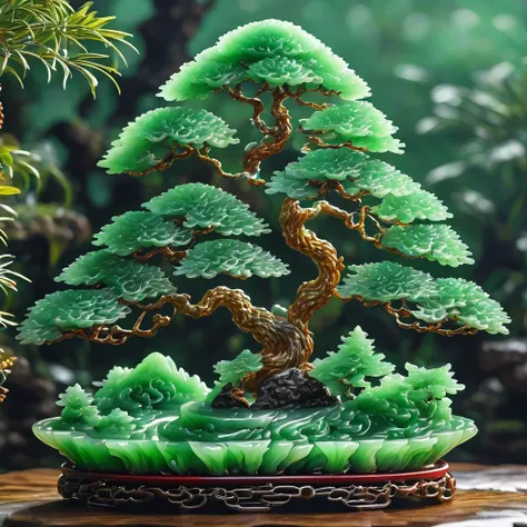 best quality, very good, 16k, ridiculous, extremely detailed, gorgeous pine tree，monk，made of translucent jadeite, background gr...