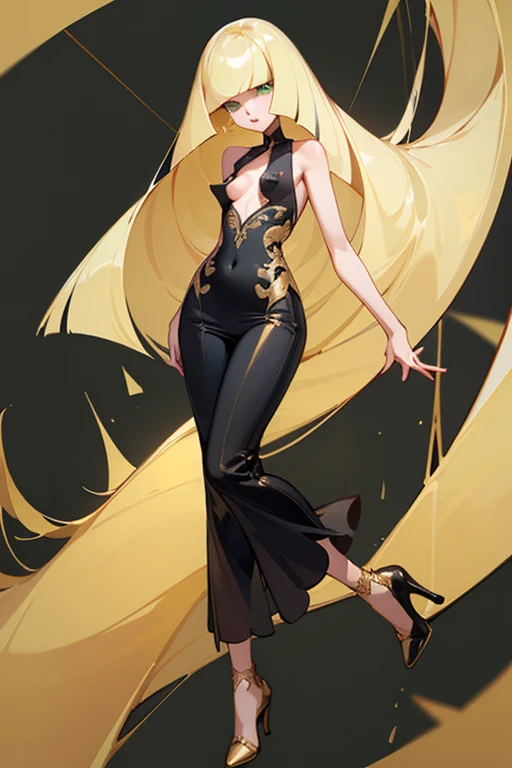 ((highest quality)), ((masterpiece)), (Familiar), Lusamine,thin,thin,Long blonde hair,Small breasts,Erect nipples,Adult female,Green Eyes,Slanted Eyes,Sleeveless dress,Black Dress,Gold embroidery,Pants Style,High heels,Fascinating
