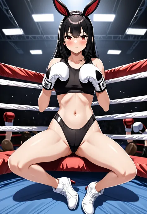 high quality, girl, Black straight hair, Red Eyes, provocation,blush,wearing black bunny suits, Black fishnet stockings，Wearing white boxing gloves, Hands in boxing gloves，cleveage，Camel toe，Long legs，Thin waist，Sitting in the boxing ring with legs spread