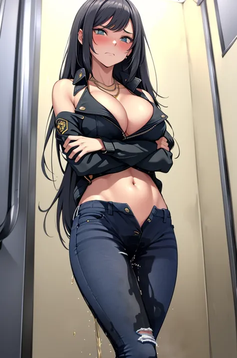 A woman with very long black hair and (very long bangs:1.5), wearing a stylish jacket and tight jeans, (low-rise jeans:1.25), (low-cut jeans:1.25), standing. The artwork is inspired by manga and incorporates a doujin style. The woman appears to be (wetting...