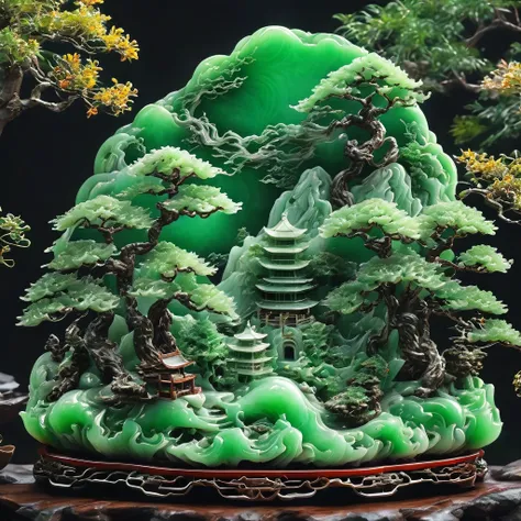 best quality, very good, 16k, ridiculous, extremely detailed, gorgeous mountain，pine，monk，made of translucent jadeite, backgroun...