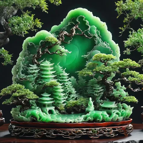 best quality, very good, 16k, ridiculous, extremely detailed, gorgeous mountain，pine，monk，made of translucent jadeite, backgroun...