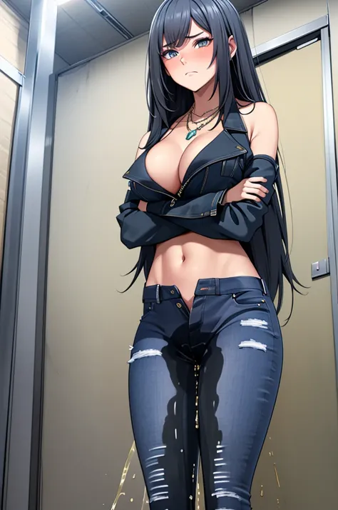 A woman with very long black hair and (very long bangs:1.5), wearing a stylish jacket and tight jeans, (low-rise jeans:1.25), (low-cut jeans:1.25), standing. The artwork is inspired by manga and incorporates a doujin style. The woman appears to be (wetting...