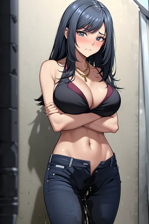 A woman with very long black hair and (very long bangs:1.5), wearing a stylish jacket and tight jeans, (low-rise jeans:1.25), (low-cut jeans:1.25), standing. The artwork is inspired by manga and incorporates a doujin style. The woman appears to be (wetting...