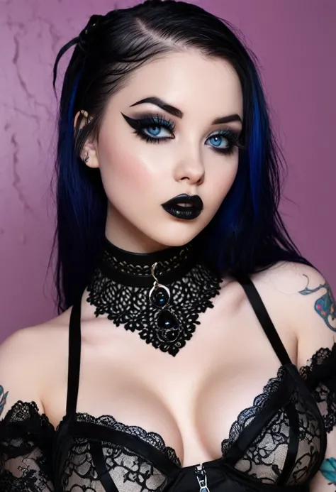 Create a photo realistic hyper realistic heavily tattooed young adorable goth girl, perfect face, vibrant sapphire eyes, thin curved black eyebrows, long luscious eyelashes, black eyeliner, black eye shadow,curved lips, thick black lipstick, long half shav...