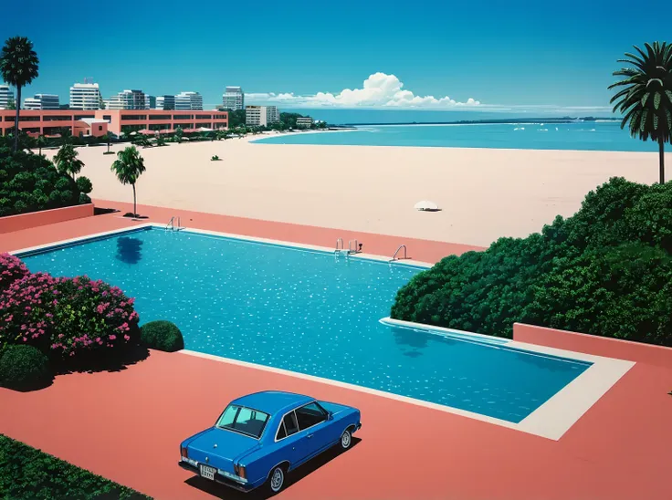 highest quality,masterpiece,ultra-high resolution,
hiroshinagai,null,ocean,in summer,beach,coconut tree,pool,building,car,city,s...