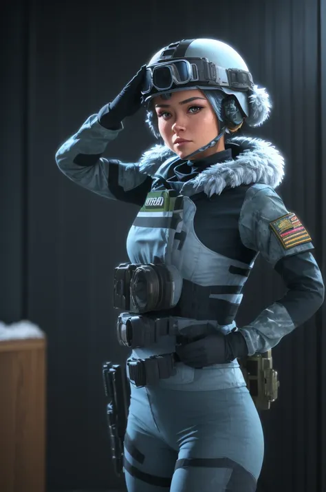 (looking at viewer, she is doing a military salute, thank you for your service, front view: 1.5), 1girl, helmet, headset, winter...