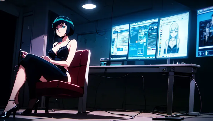 (perfect composition), (high resolution, masterpiece, ultra best quality, insanely amazing hyper fine extremely detailed, official:1.4)( full body, 80s horny milf hacker anime girl in lingerie sitting at a desk with a vintage computer, seductive hacker ani...