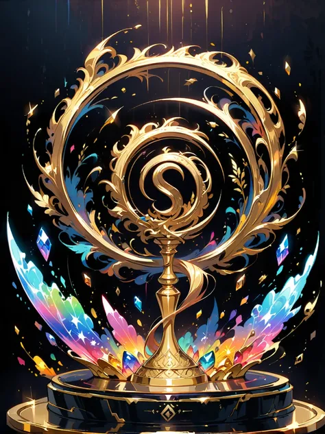 best quality, very good, 16K, Golden trophies, Shiny gold plated, Twisted, Luxurious and cool design, Displayed on a rainbow crystal base, Background translucent black room, Light Up