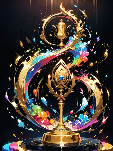 best quality, very good, 16K, Golden trophies, Shiny gold plated, Twisted, Luxurious and cool design, Displayed on a rainbow crystal base, Background translucent black room, Light Up