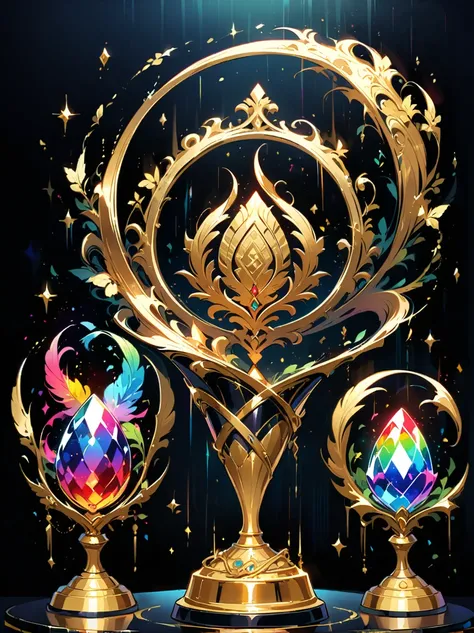 best quality, very good, 16K, Golden trophies, Shiny gold plated, Twisted, Luxurious and cool design, Displayed on a rainbow crystal base, Background translucent black room, Light Up