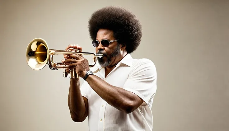 an 50 years old afro american jazz musician playing trumpet , medium full body shot, slightly high camera angle, wide angle lens , bilateral symmetry , neutral colors , natural lighting , soft front light , backlight on face , photorealistic, 35mm film 