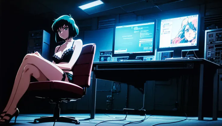 (perfect composition), (high resolution, masterpiece, ultra best quality, insanely amazing hyper fine extremely detailed, official:1.4)( full body, 80s horny milf hacker anime girl in lingerie sitting at a desk with a vintage computer, seductive hacker ani...