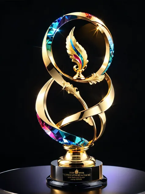 best quality, very good, 16K, Golden trophies, Shiny gold plated, Twisted, Luxurious and cool design, Displayed on a rainbow crystal base, Background translucent black room, Light Up