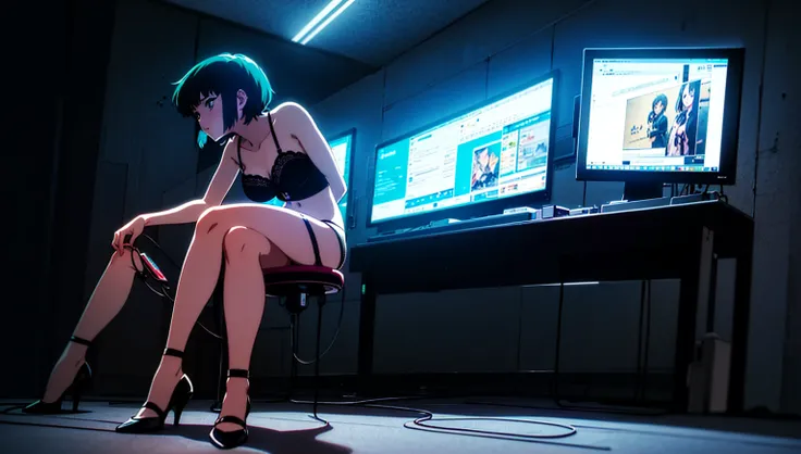 (perfect composition), (high resolution, masterpiece, ultra best quality, insanely amazing hyper fine extremely detailed, official:1.4)( full body, 80s horny milf hacker anime girl in lingerie sitting at a desk with a vintage computer, seductive hacker ani...