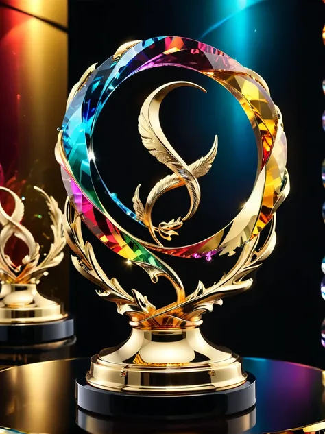 best quality, very good, 16k, golden trophies, shiny gold plated, twisted, luxurious and cool design, displayed on a rainbow cry...