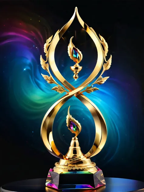 best quality, very good, 16k, golden trophies, shiny gold plated, twisted, luxurious and cool design, displayed on a rainbow cry...