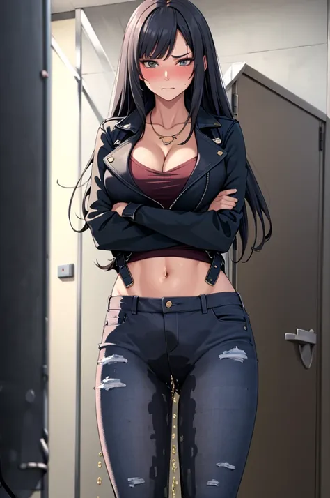 A woman with very long black hair and (very long bangs:1.5), wearing a stylish long jacket and tight jeans, (low-rise jeans:1.25), (low-cut jeans:1.25), standing. The artwork is inspired by manga and incorporates a doujin style. The woman appears to be (we...