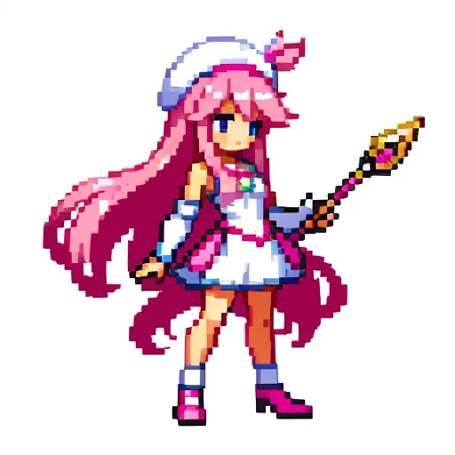 pixel art, 6-life, full body, facing left, pink and white, holding a spear, magical girl, beret, long hair, loose and fluffy , s...