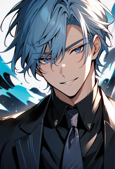 Handsome, solo, 1 man, light blue hair, dark blue eyes, side smile, 28 years old youn man, black uniform suit