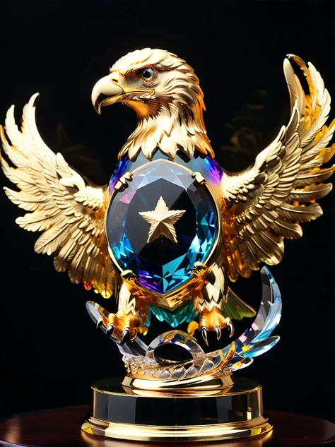 best quality, very good, 16k, golden trophies, shiny gold plated, twisted, luxurious and cool eagle shape, displayed on a rainbo...