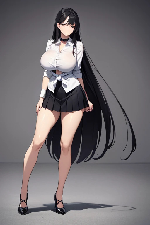 Italian girl, very long loose black hair, super mega gigantic breasts, white shirt, black pleated miniskirt, elegant shoes, slave collar, breasts tied together