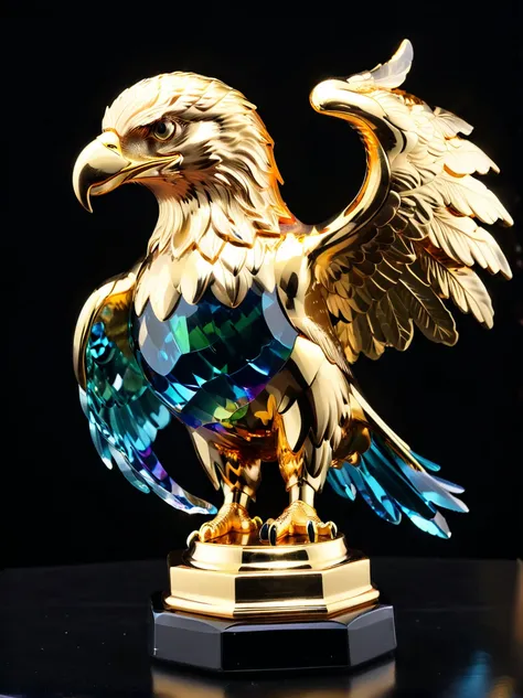 best quality, very good, 16K, Golden trophies, Shiny gold plated, Twisted, Luxurious and cool eagle shape, Displayed on a rainbow crystal base, Background translucent black room, Light Up