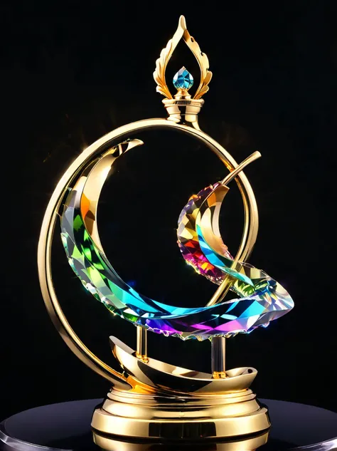 best quality, very good, 16K, Golden trophies, Shiny gold plated, Twisted, Luxurious and cool faucet shape, Displayed on a rainbow crystal base, Background translucent black room, Light Up