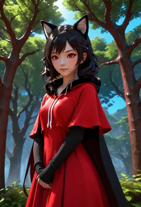 anime girl in red dress standing in front of a tree, wearing a scarlet hoodie, vrchat, upper body 2d game avatar, second life avatar, red hoodie, upper body avatar, anime styled 3d, wearing a red hoodie, <mmorpgs scene, render of a cute 3d anime girl, wear...