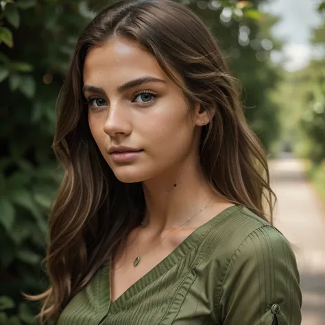 jp_style person, portrait of the beautiful teenage model, wavy brown hair with blonde highlights, deep green eyes, very tanned textured skin, puffed sleeved shirt, (8k, RAW photo, best quality, masterpiece: 1.2), (realistic, photorealistic: 1.37), ultra de...