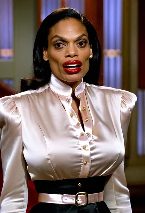 closeup shot, (evil menacing fierce rosario dawson showing her teeth in anger and flaring her nostrils:1.8) in a (closed satin skintight silk buttoned mandarin collar blouse with large shoulder-pads and extremely tight belt and satin cape:2), tight hairbun...