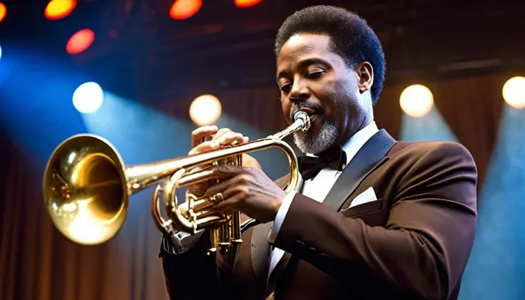 Award - winning photograph, Masterpiece, an 50 years old afro american jazz musician playing trumpet standing on a stage, blue colored stage lights, wearing elegant brown tuxedo, full body shot, slightly high camera angle, wide angle lens , bilateral symme...