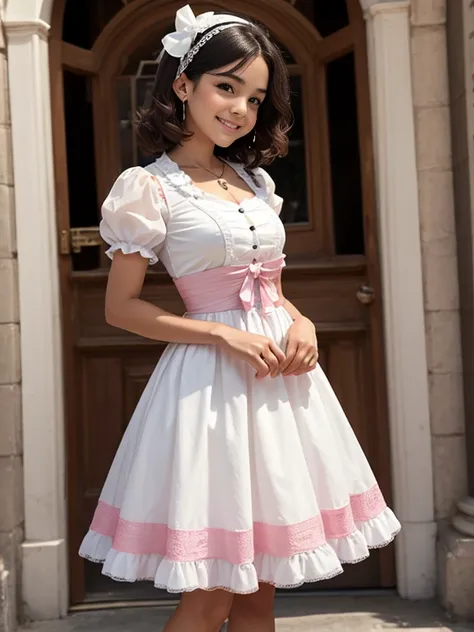 linda lolita, super delicate with a lolita dress ,(( vestido corto ajustado al cuerpo )), con cabello rosado, (escote), (mostran...