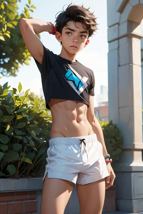 Teen boy 14 years old, boy wears a crop top and too very short shorts,