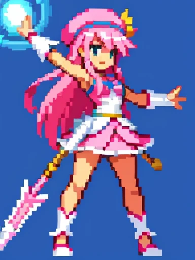 spear throwing pose, Pixel art, 6-life, full body, facing left, pink and white, holding a spear, magical girl, beret, long hair, Loose and fluffy , showing shoulders