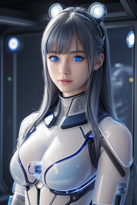 (highest quality, High resolution, masterpiece:1.2), Very detailed, Realistic:1.37, (Perfect Anatomy),1 girl,Cowboy Shot,Full body portrait,, (Cute and perfect Japanese cyborg:0.6), 20-year-old, (blue led eyes:1.2),  Detailed facial features, Complex Hair,...