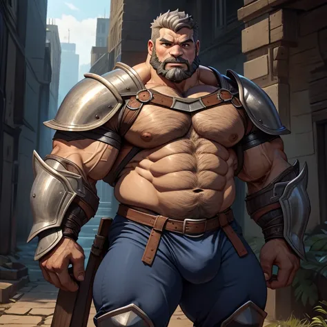 burly virile bulky man, overmuscular and musclebound, bulging veiny muscles, broad shoulders, wide chest, overly thick arms and legs, thick body, a hulking figure with swelling muscles, a long bushy beard, grey hair, a knight wearing armor