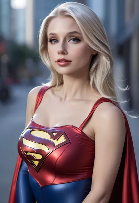 a beautiful sexy woman wearing a supergirl cosplay outfit, seductive blonde, alluring expression, bare shoulders , skin tight ou...