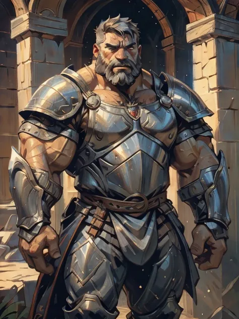 burly virile bulky man, overmuscular and musclebound, bulging veiny muscles, broad shoulders, wide chest, overly thick arms and legs, thick body, a hulking figure with swelling muscles, a long bushy beard, grey hair, a knight wearing armor, high detail, me...