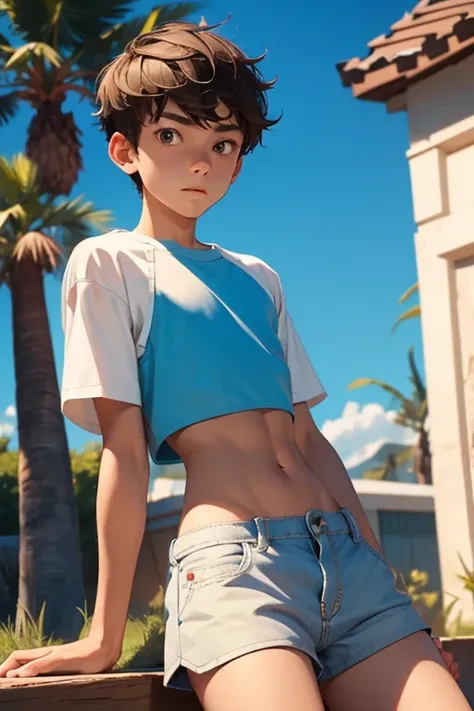 Teen boy 14 years old, boy wears a crop top and too very short shorts,